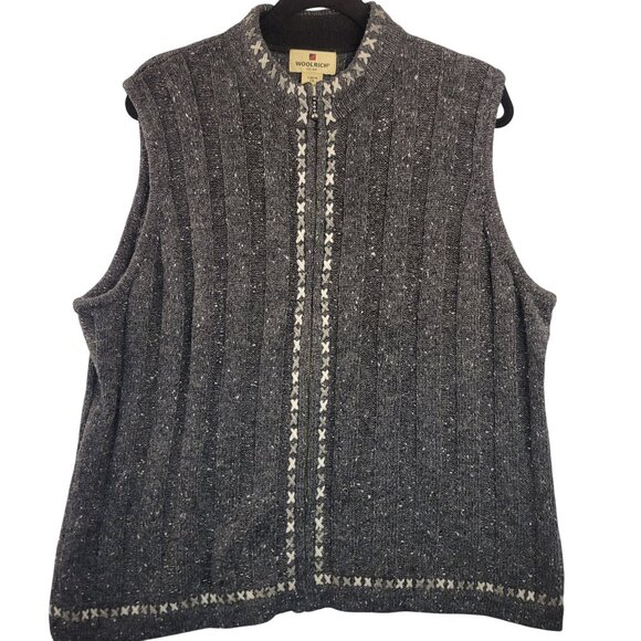 Woolrich Womens 2XL Cable Knit Onyx Heather Knit Vest Wool Blend Lambs wool Trim - Picture 1 of 8